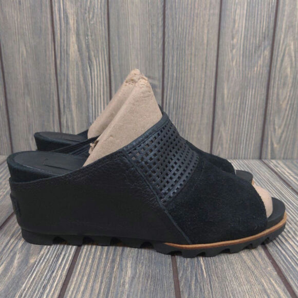 Sorel Womens Leather Suede Black Wedge Slip On Peep Toe Sandals Sz 9 - Picture 1 of 11